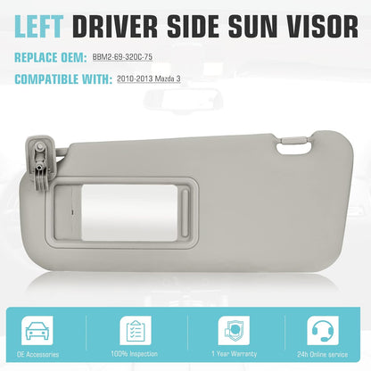 Left Driver Side Sun Visor SunVisor for 2010-2013 Mazda 3 Replaces# BBM2-69-320C-75 (Gray)