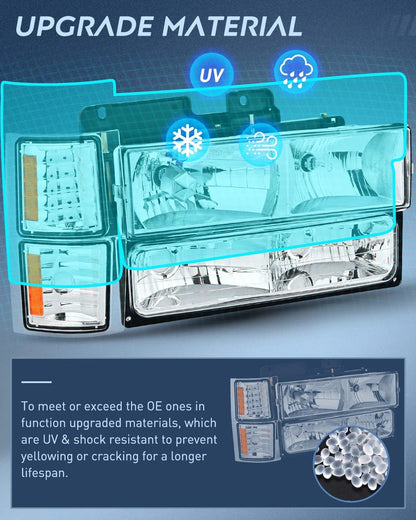 1994-1998 C10, C1500, C2500, C3500, K1500, K2500, K3500, Silverado, Suburban, Tahoe Headlights Assembly, Chrome Housing, Amber Reflector, DOT & SAE Compliant