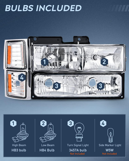 1994-1998 C10, C1500, C2500, C3500, K1500, K2500, K3500, Silverado, Suburban, Tahoe Headlights Assembly, Chrome Housing, Amber Reflector, DOT & SAE Compliant