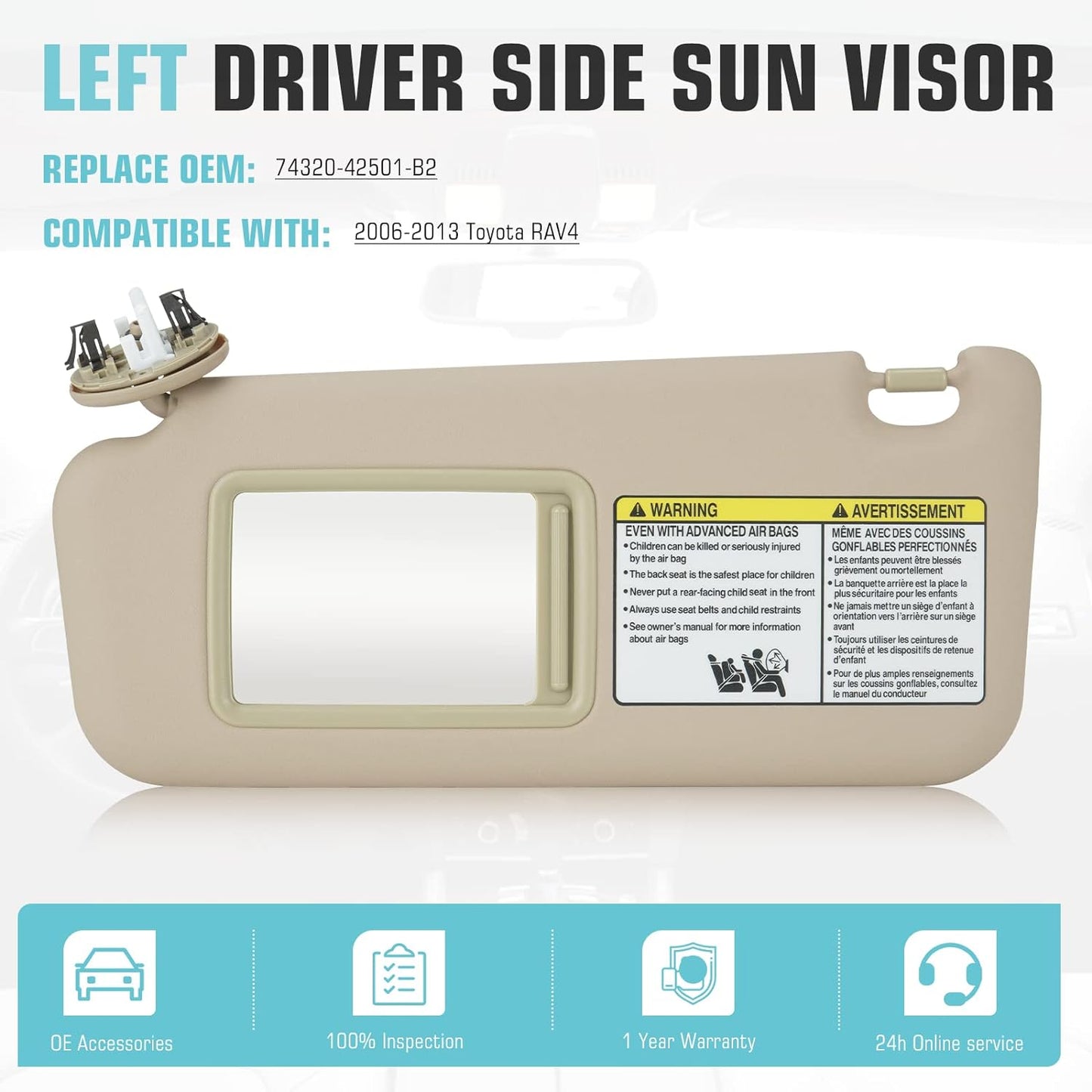 for 2006-2013 Toyota RAV4 Left Driver Side Sun Visor SunVisor 74320-42501-B2 (Beige)