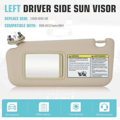 for 2006-2013 Toyota RAV4 Left Driver Side Sun Visor SunVisor 74320-42501-B2 (Beige)