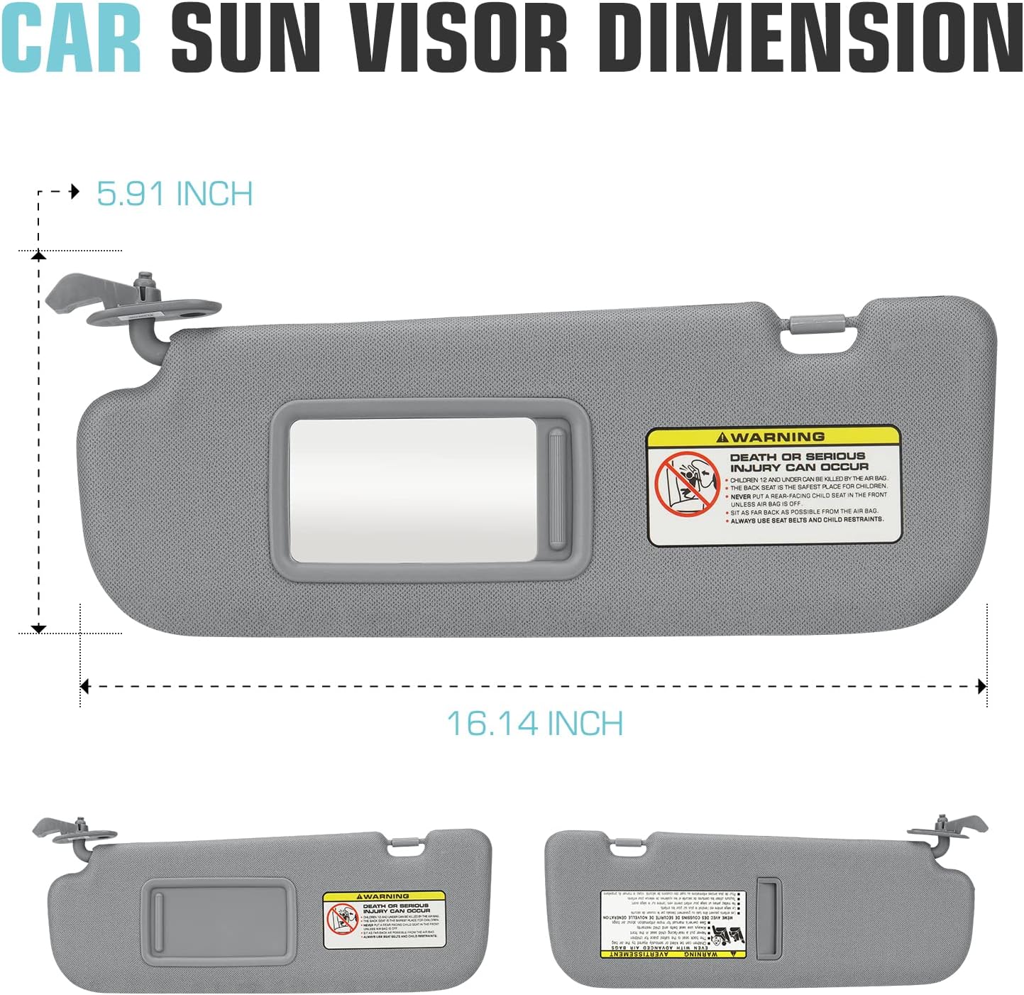 Left Driver & Right Passenger Side Sun Visor SunVisor Without Light for Hyundai Elantra 2011 2012 2013 2014 2015 852103X000TX 852203X000TX (Gray)