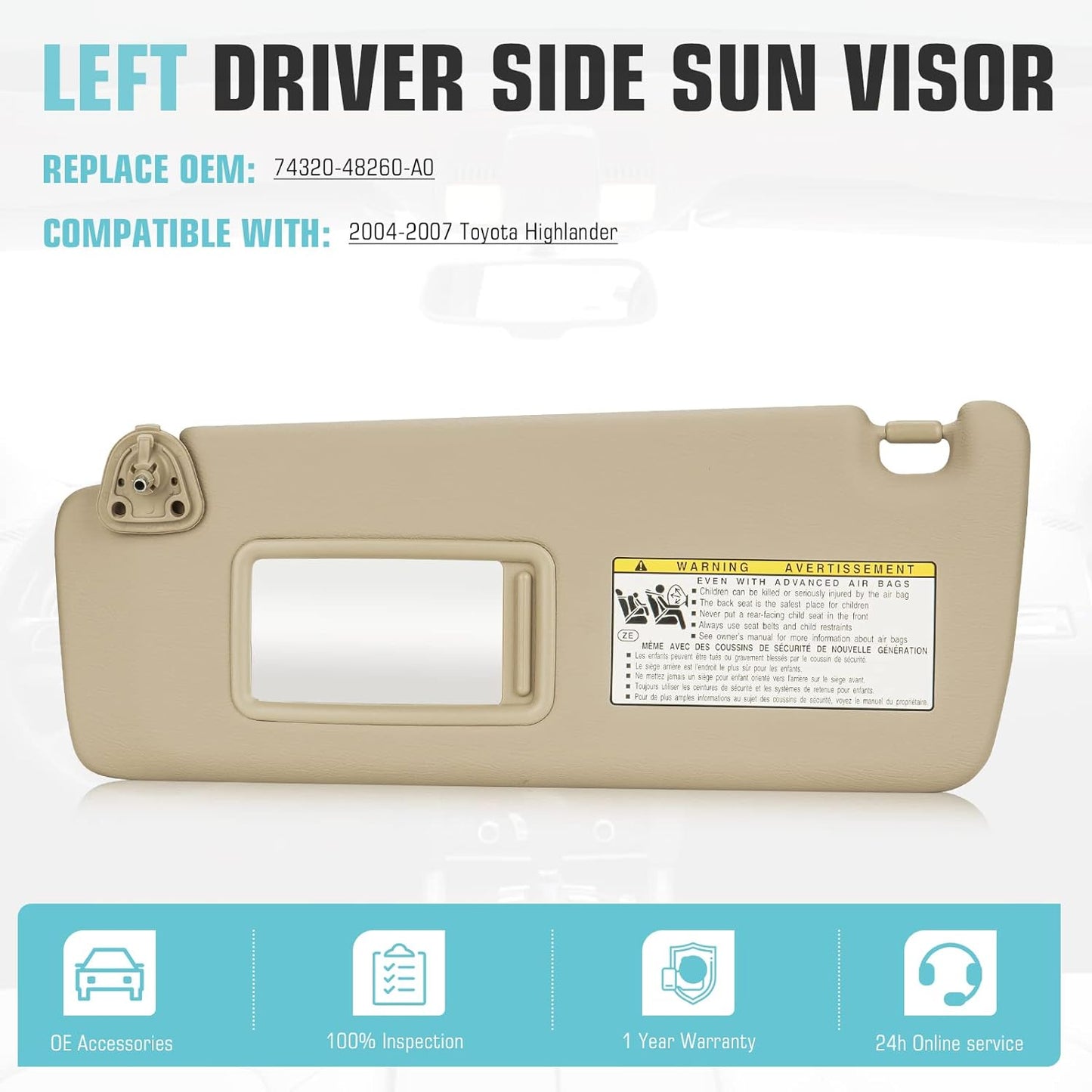 Left Driver Side Sun Visor SunVisor for 2004-2007 Toyota Highlander 74320-48260-A0 (Beige)