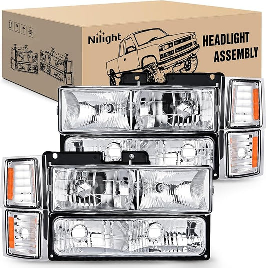 1994-1998 C10, C1500, C2500, C3500, K1500, K2500, K3500, Silverado, Suburban, Tahoe Headlights Assembly, Chrome Housing, Amber Reflector, DOT & SAE Compliant